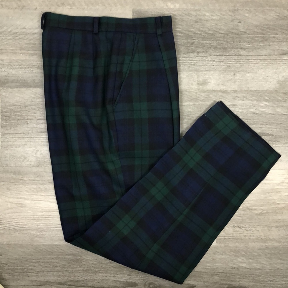 Brooks Brothers Preppy Black Watch Plaid Navy and Green Wool Pants, Size 6